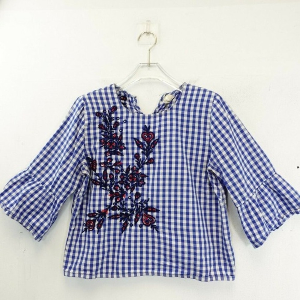 Gingham Peasant Blouse Womens M Blue Crop Floral Embroidered Western Boho A MOON